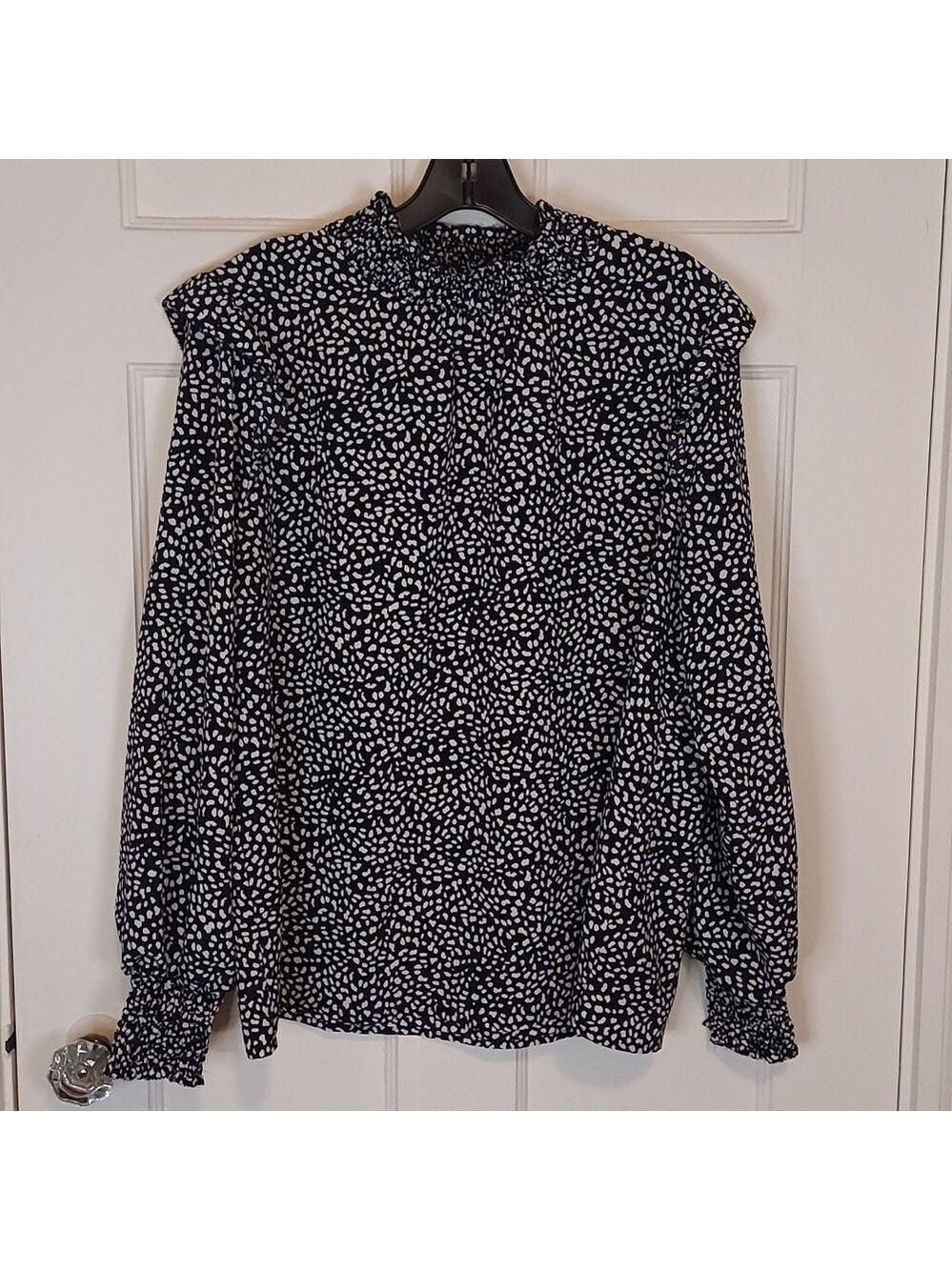 Sanctuary Animal Print Ruffle Blouse Black and White